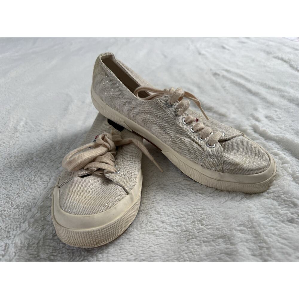 Superga Women's 2750 Canvas Ivory Cream Glitter Lace Up Size 9.5 Sneakers